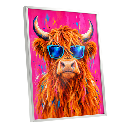 Highland Headliner, orange, pink, blue nature wall art shown as a silver framed poster wall art print
