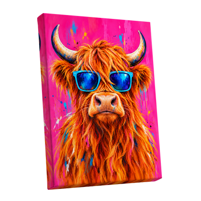 Highland Headliner, orange, pink, blue nature wall art shown as a stretched canvas wall art