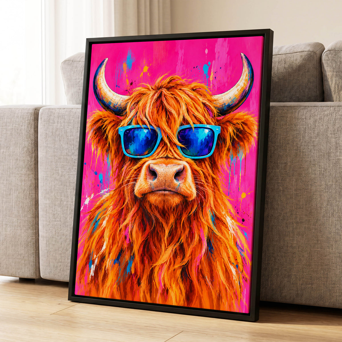 Highland Headliner, orange, pink, blue nature wall art displayed in a styled interior, gallery view 1