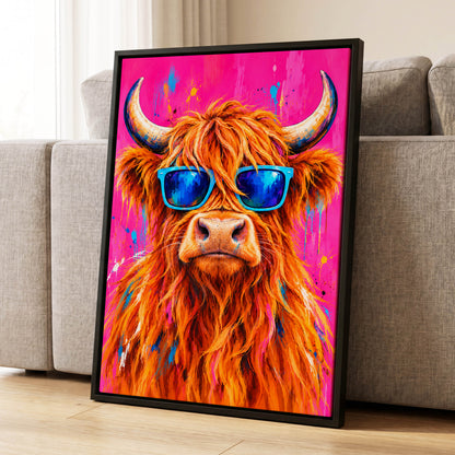 Highland Headliner, orange, pink, blue nature wall art displayed in a styled interior, gallery view 1