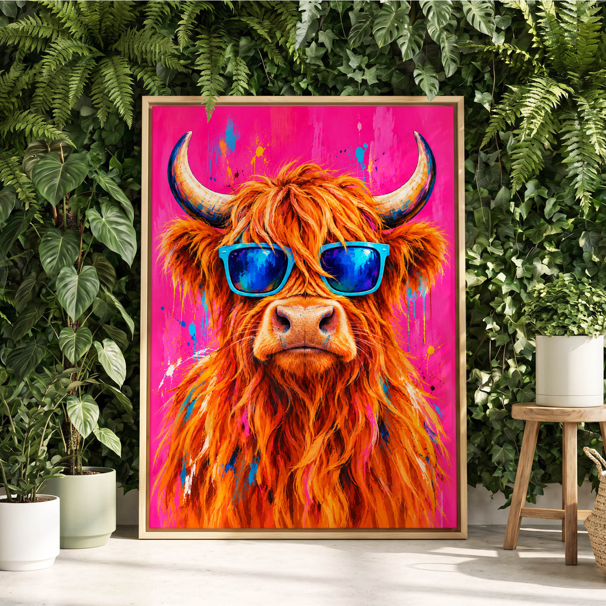 Highland Headliner, orange, pink, blue nature wall art displayed in a styled interior, gallery view 2
