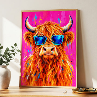 Highland Headliner, orange, pink, blue nature wall art displayed in a styled interior, gallery view 3