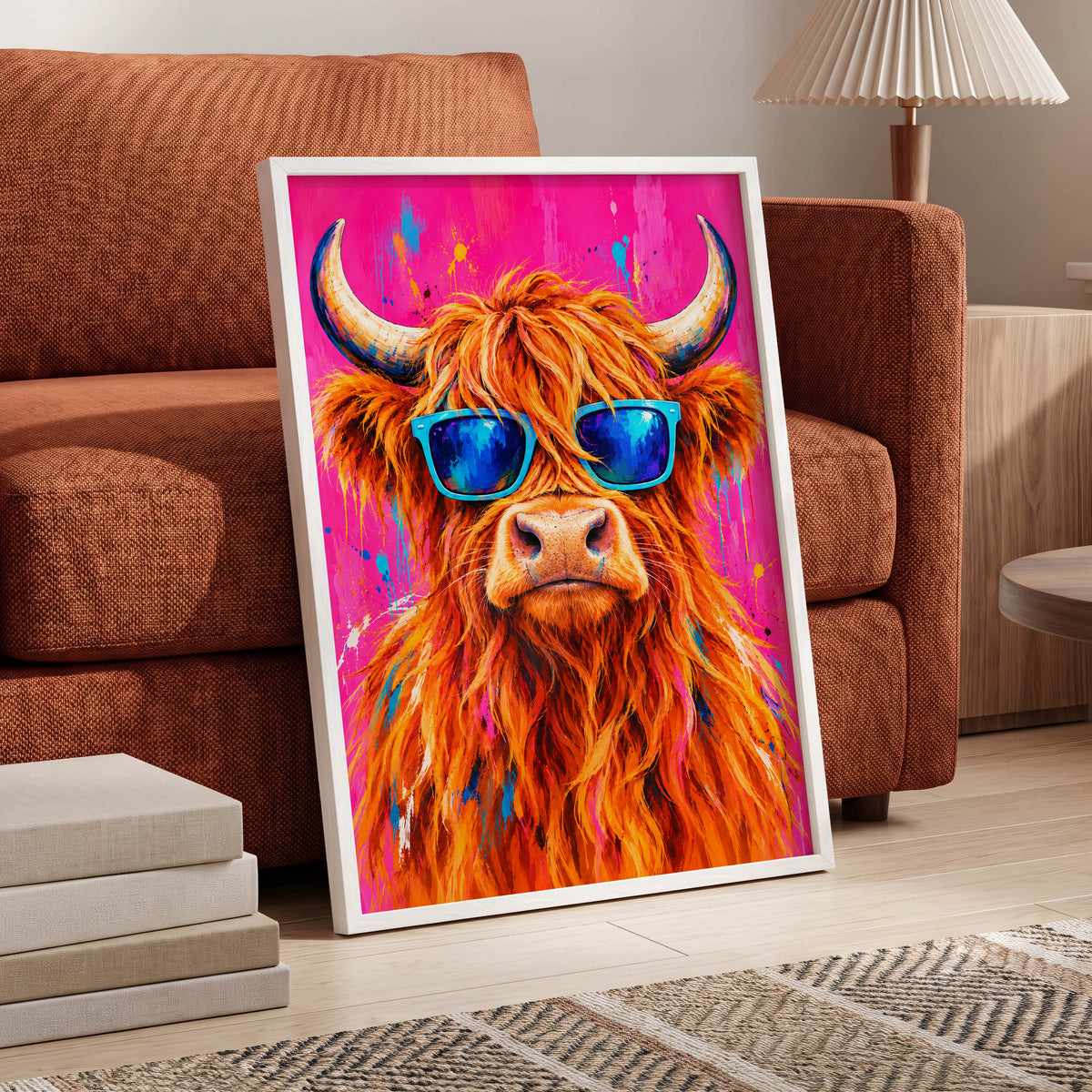 Highland Headliner, orange, pink, blue nature wall art displayed in a styled interior, gallery view 5