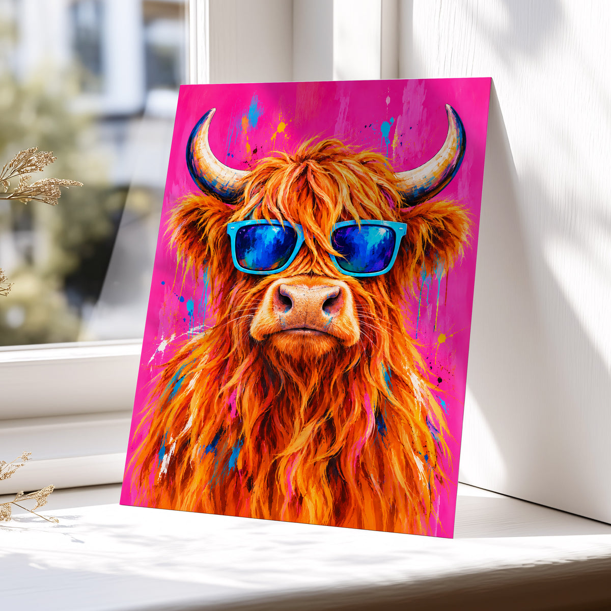 Highland Headliner, orange, pink, blue nature wall art displayed in a styled interior, gallery view 6