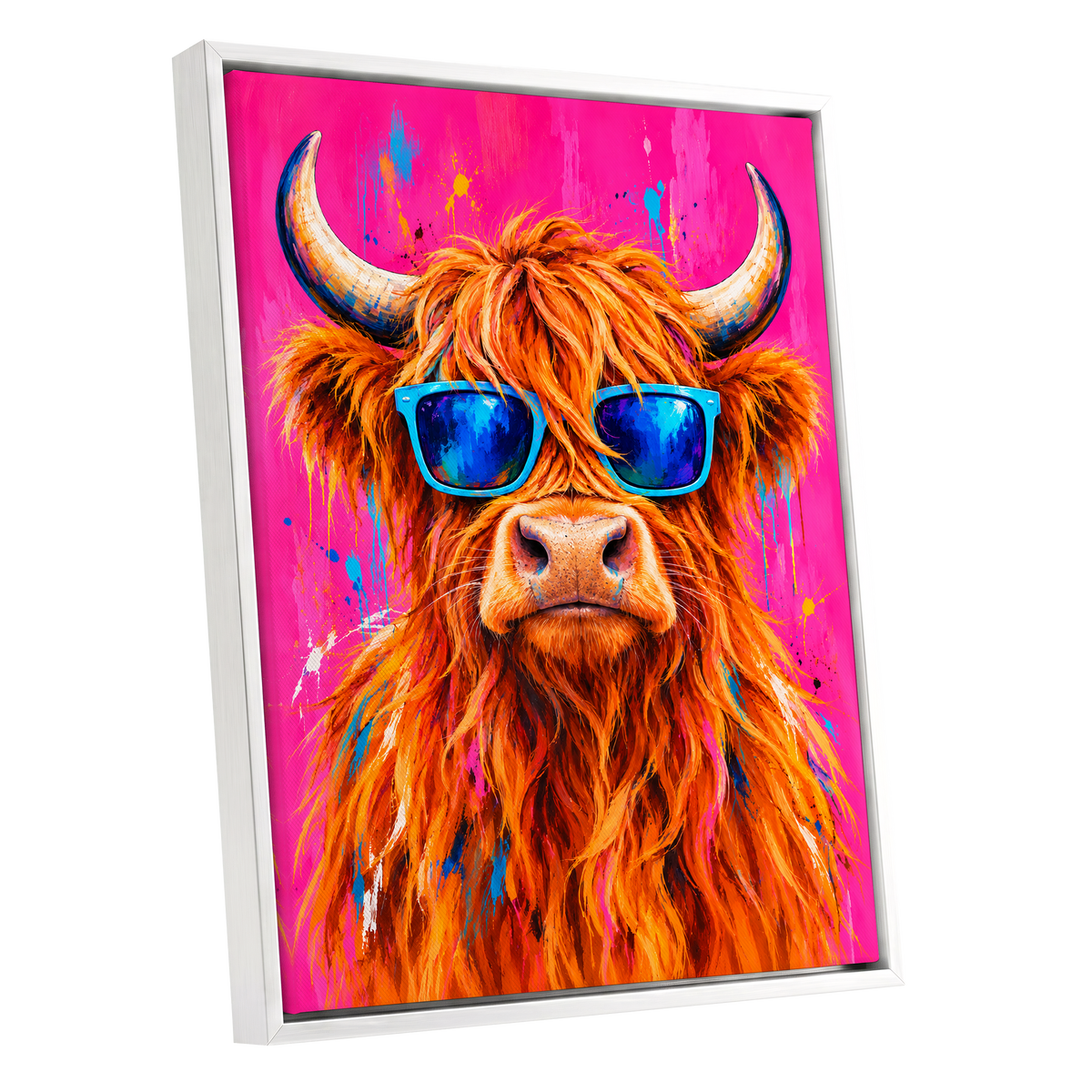 Highland Headliner, orange, pink, blue nature wall art shown as a white framed canvas wall art