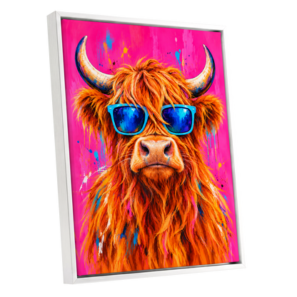 Highland Headliner, orange, pink, blue nature wall art shown as a white framed canvas wall art