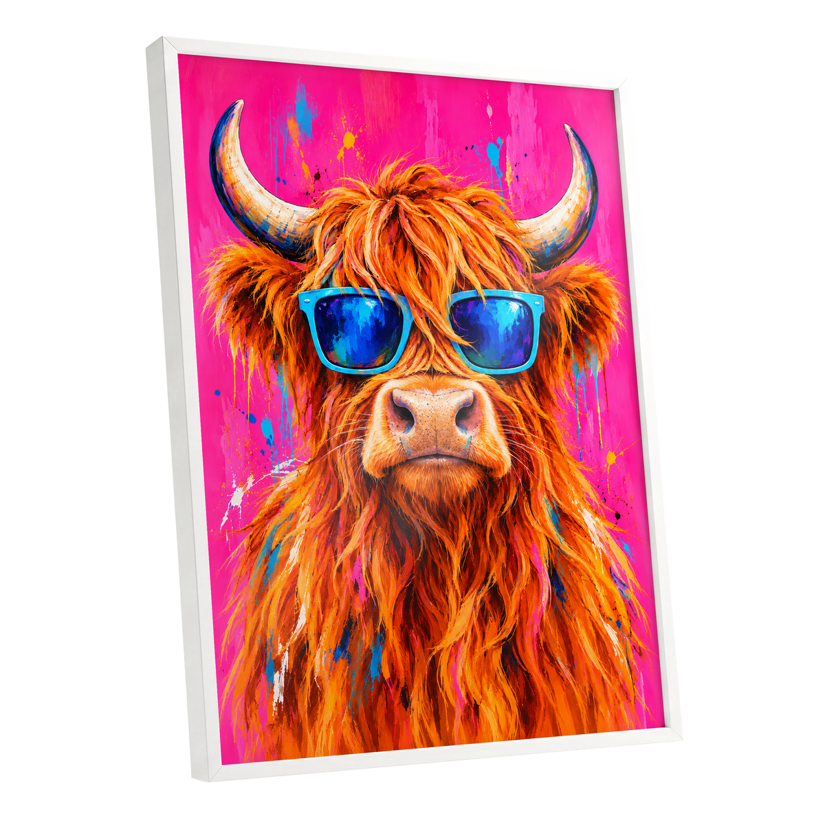 Highland Headliner, orange, pink, blue nature wall art shown as a white framed poster wall art print