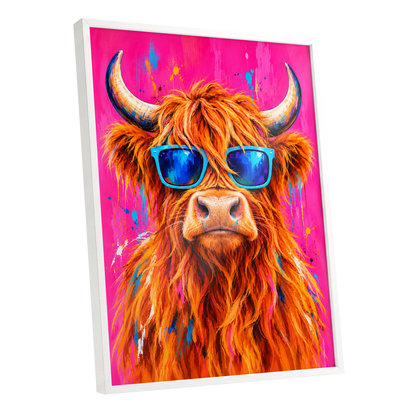 Highland Headliner, orange, pink, blue nature wall art shown as a white framed poster wall art print