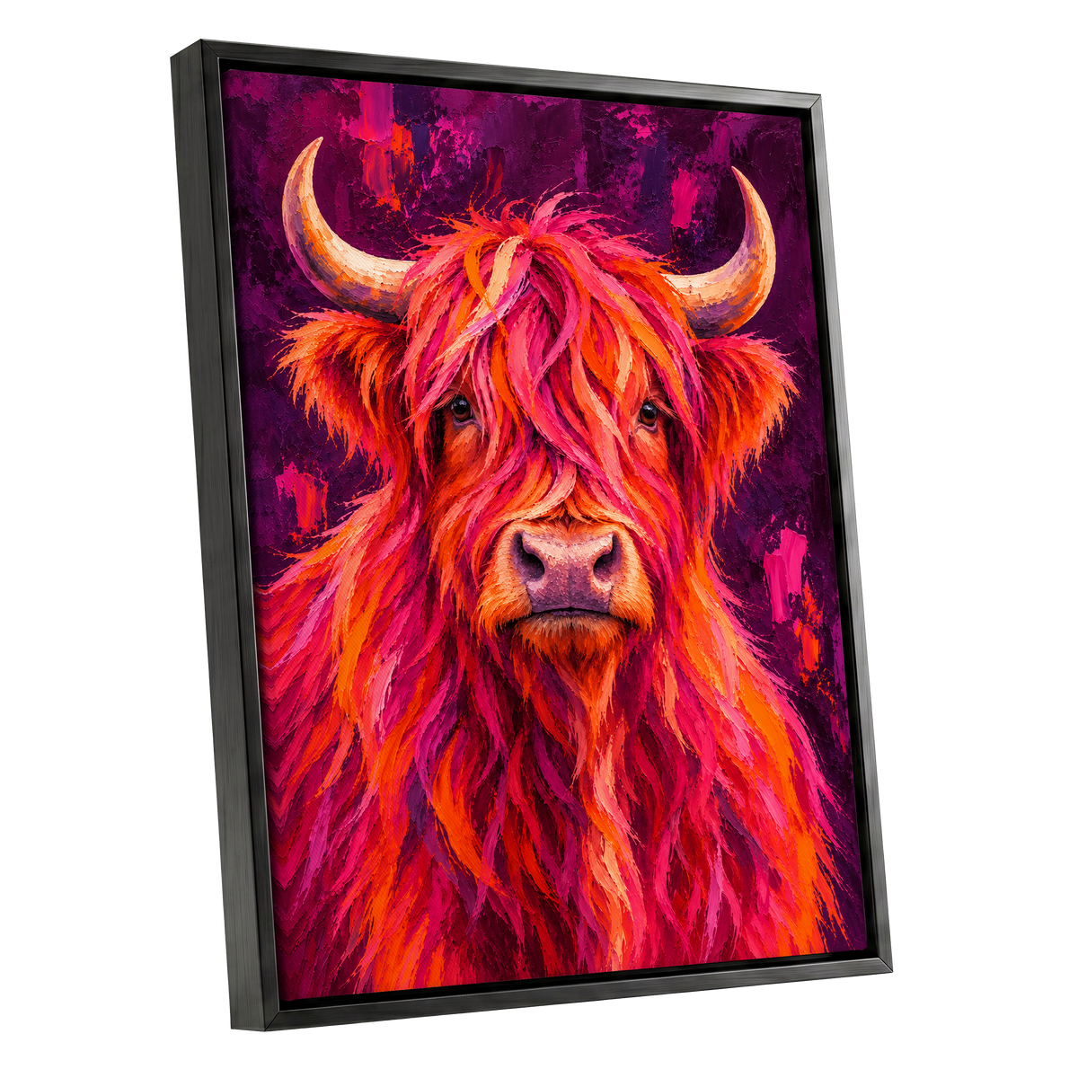 Highland Heat, pink, orange, purple nature wall art shown as a black framed canvas wall art