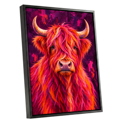Highland Heat, pink, orange, purple nature wall art shown as a black framed canvas wall art