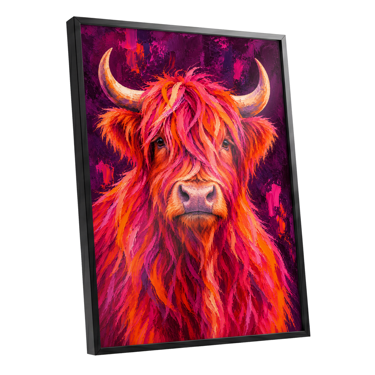 Highland Heat, pink, orange, purple nature wall art shown as a black framed poster wall art print
