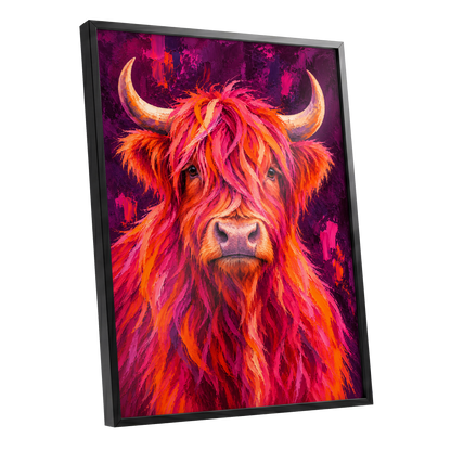 Highland Heat, pink, orange, purple nature wall art shown as a black framed poster wall art print