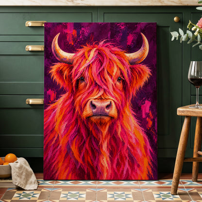 Highland Heat, pink, orange, purple nature wall art on canvas displayed in a styled interior, gallery view 1