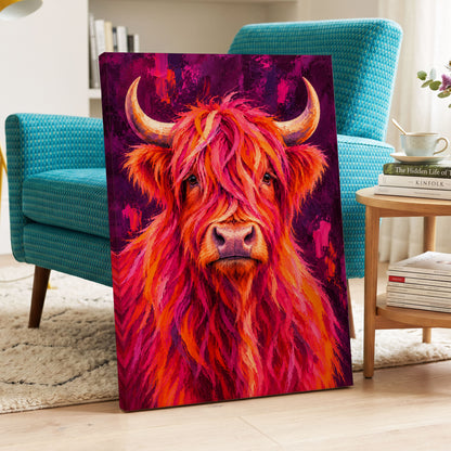 Highland Heat, pink, orange, purple nature wall art on canvas displayed in a styled interior, gallery view 2