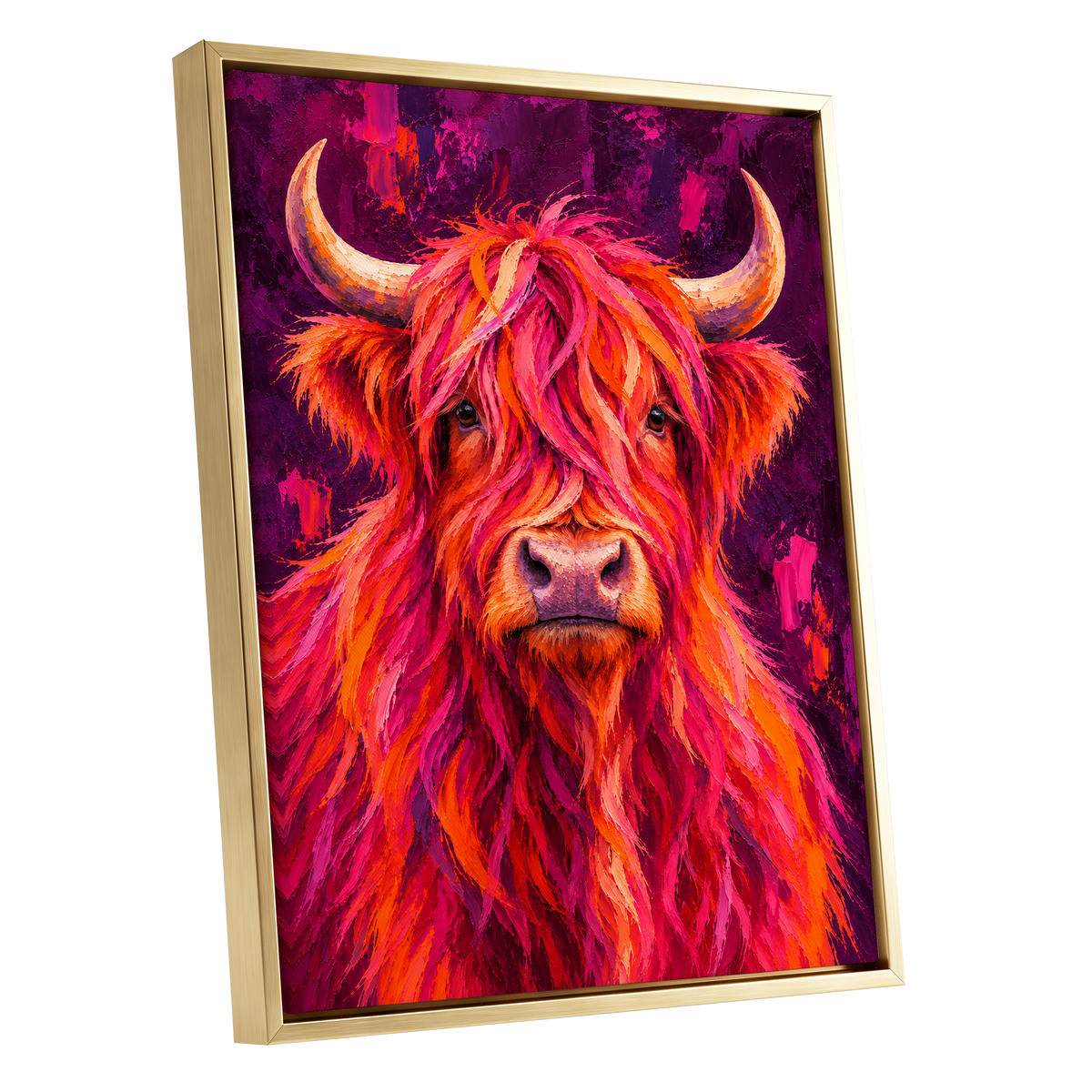 Highland Heat, pink, orange, purple nature wall art shown as a gold framed canvas wall art