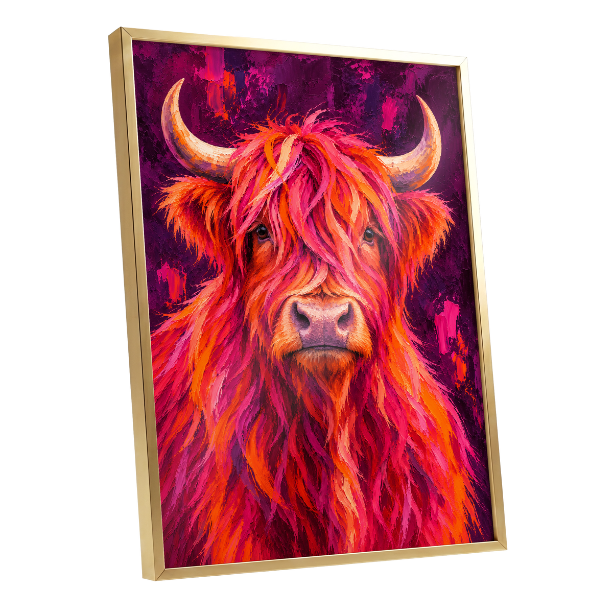 Highland Heat, pink, orange, purple nature wall art shown as a gold framed poster wall art print