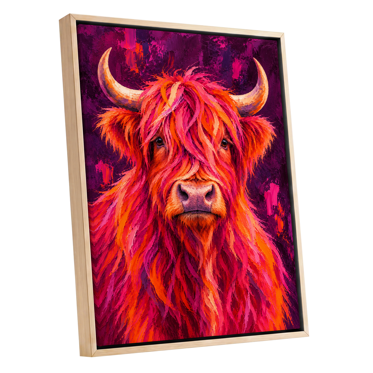 Highland Heat, pink, orange, purple nature wall art shown as a oak framed canvas wall art