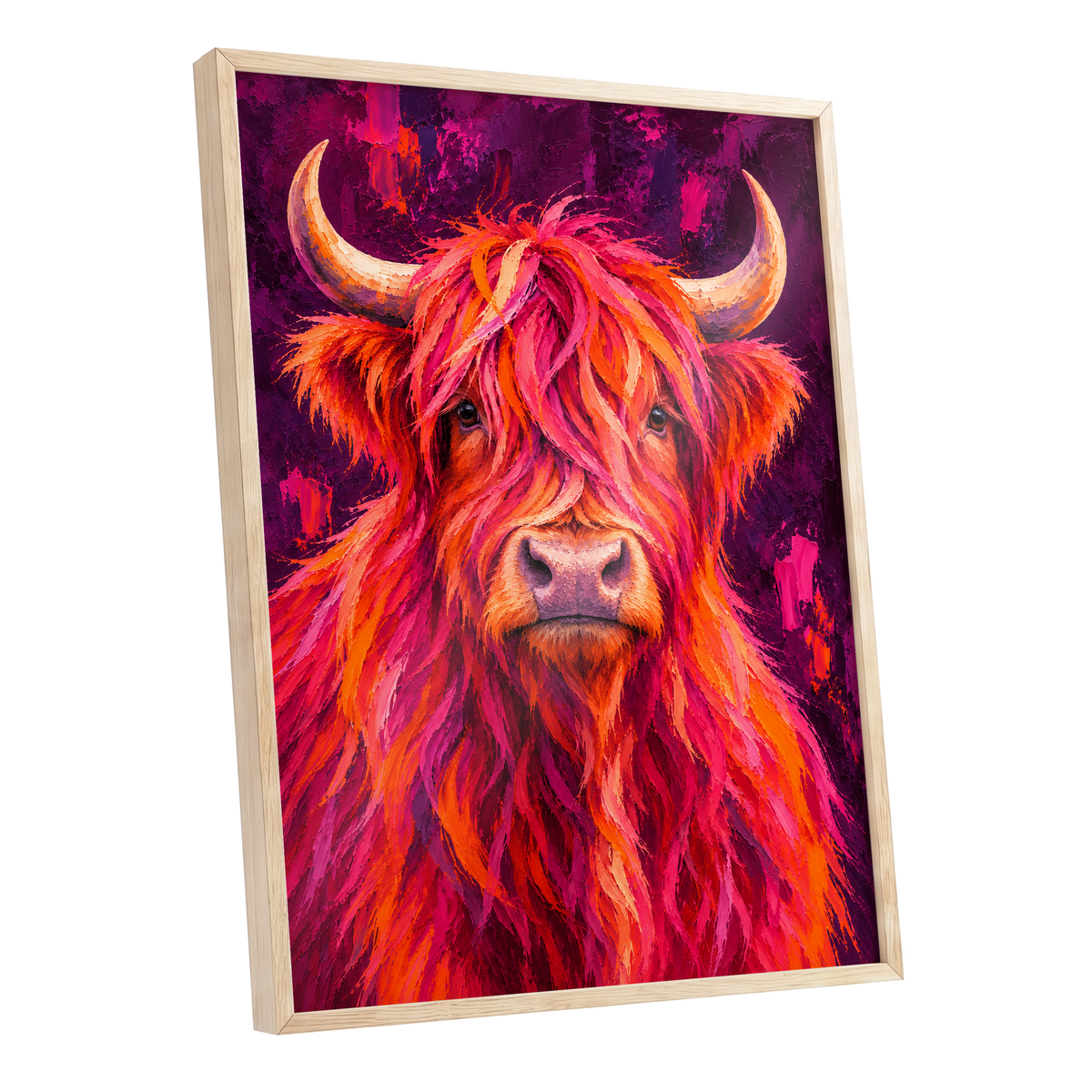 Highland Heat, pink, orange, purple nature wall art shown as a oak framed poster wall art print