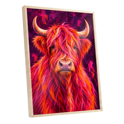 Highland Heat, pink, orange, purple nature wall art shown as a oak framed poster wall art print