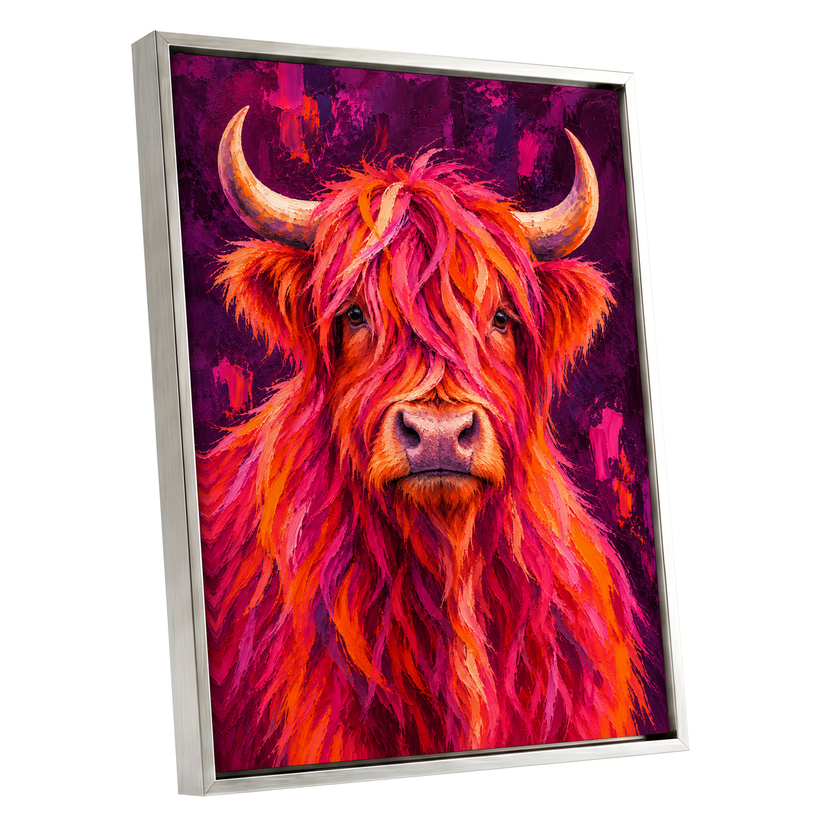 Highland Heat, pink, orange, purple nature wall art shown as a silver framed canvas wall art