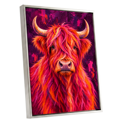 Highland Heat, pink, orange, purple nature wall art shown as a silver framed canvas wall art