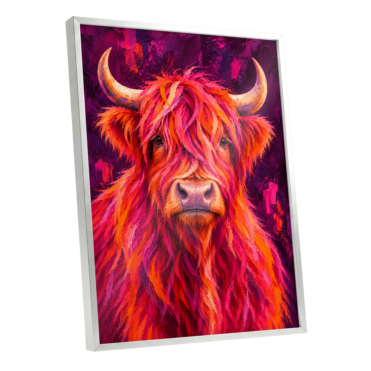 Highland Heat, pink, orange, purple nature wall art shown as a silver framed poster wall art print