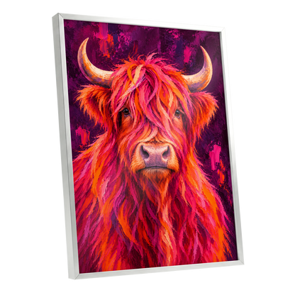 Highland Heat, pink, orange, purple nature wall art shown as a silver framed poster wall art print
