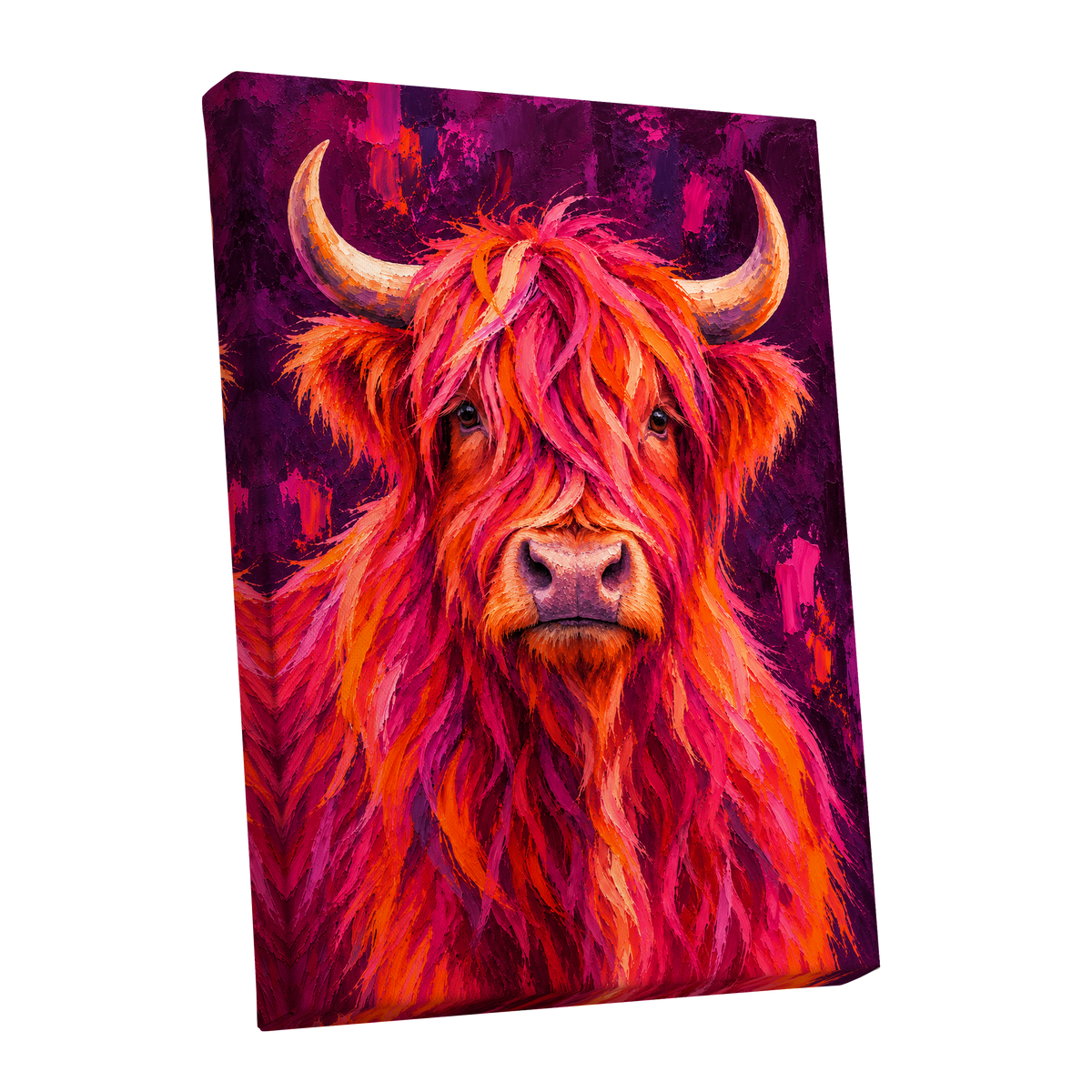Highland Heat, pink, orange, purple nature wall art shown as a stretched canvas wall art