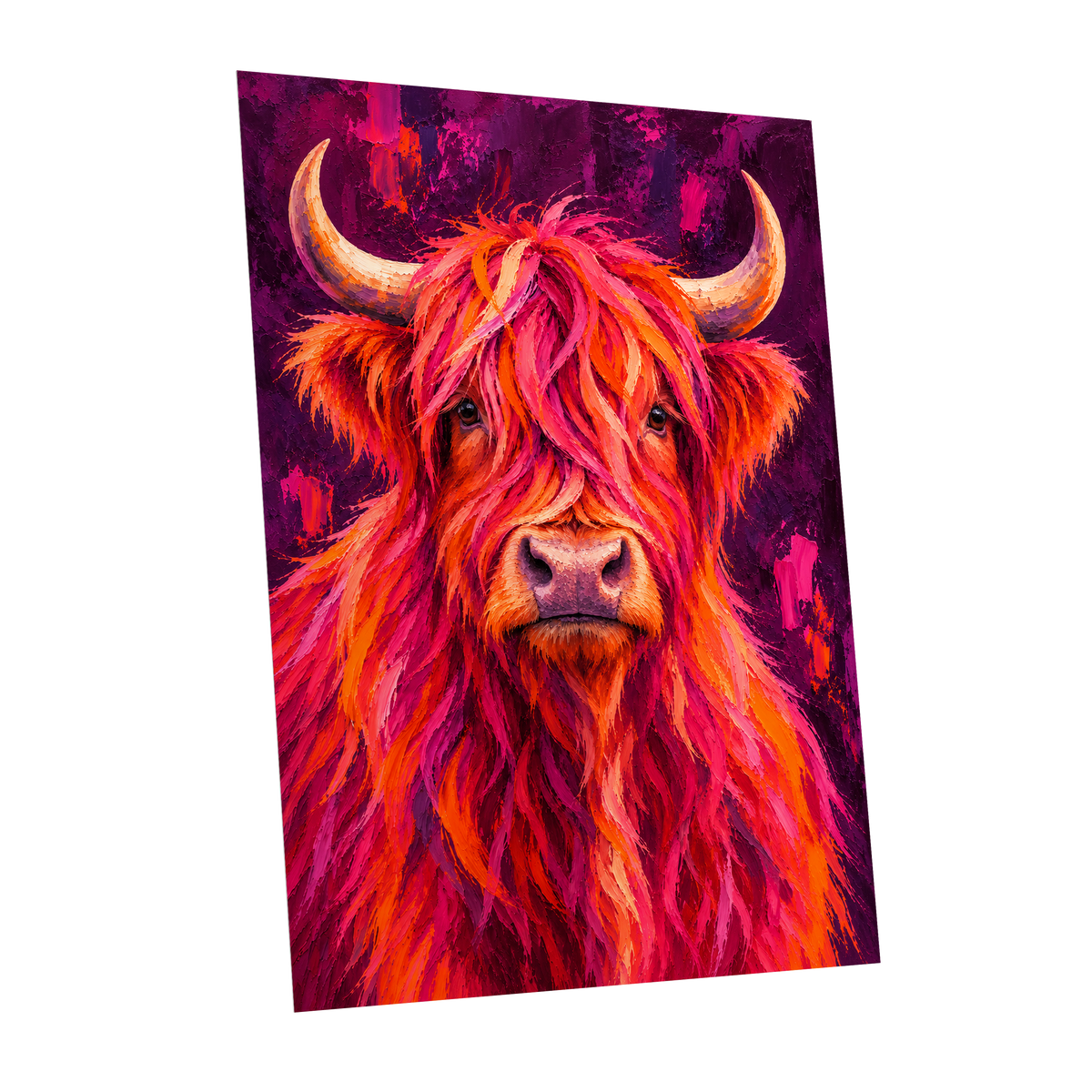 Highland Heat, pink, orange, purple nature wall art shown as a unframed poster wall art print