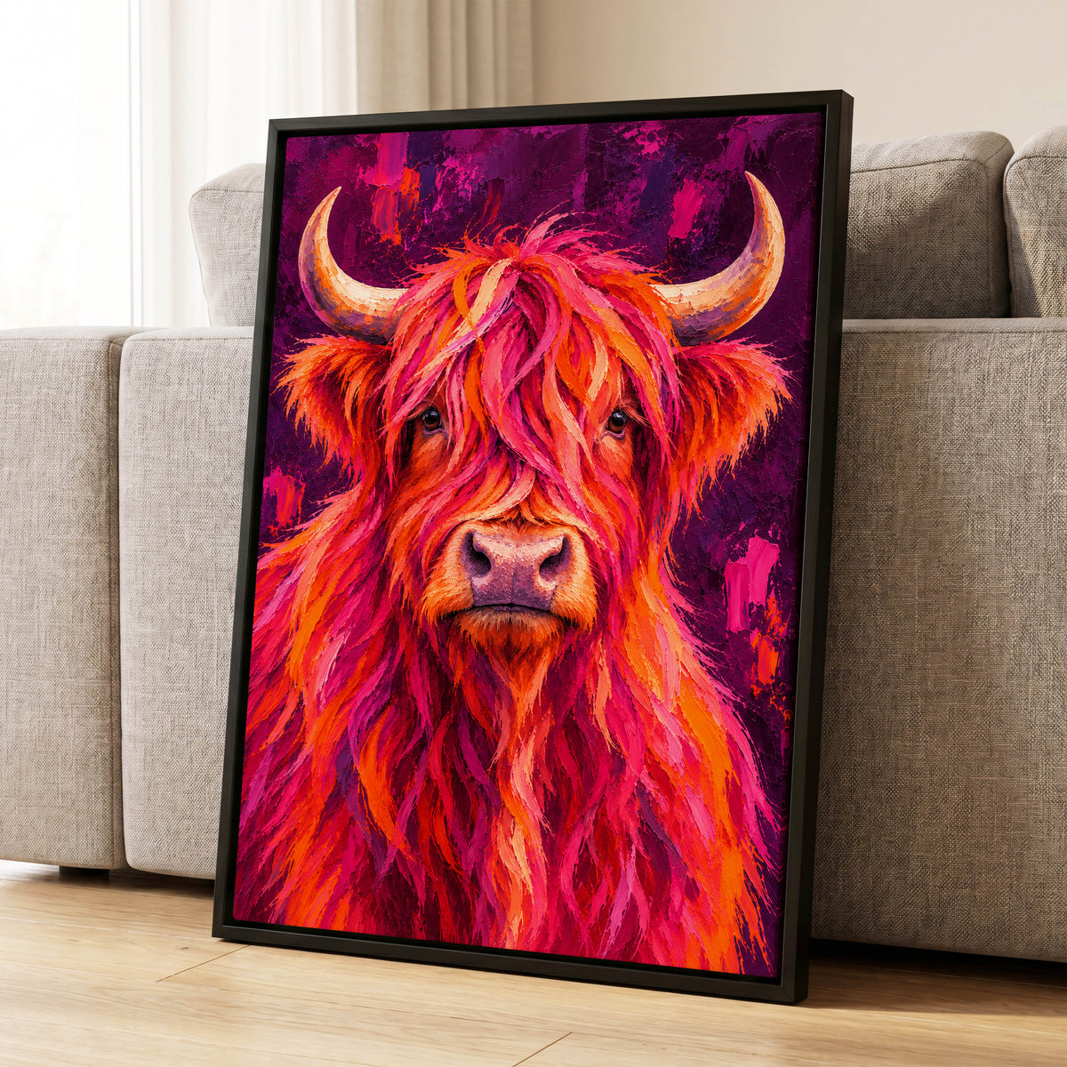 Highland Heat, pink, orange, purple nature wall art displayed in a styled interior, gallery view 1