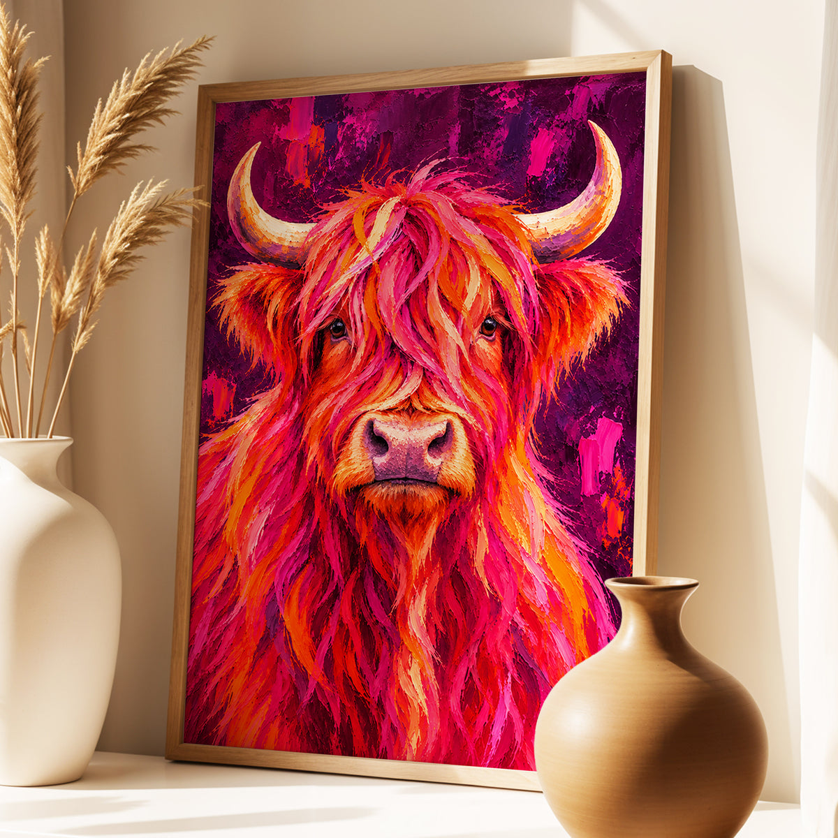 Highland Heat, pink, orange, purple nature wall art displayed in a styled interior, gallery view 3