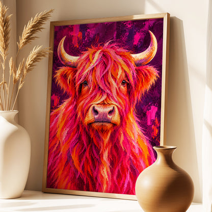 Highland Heat, pink, orange, purple nature wall art displayed in a styled interior, gallery view 3