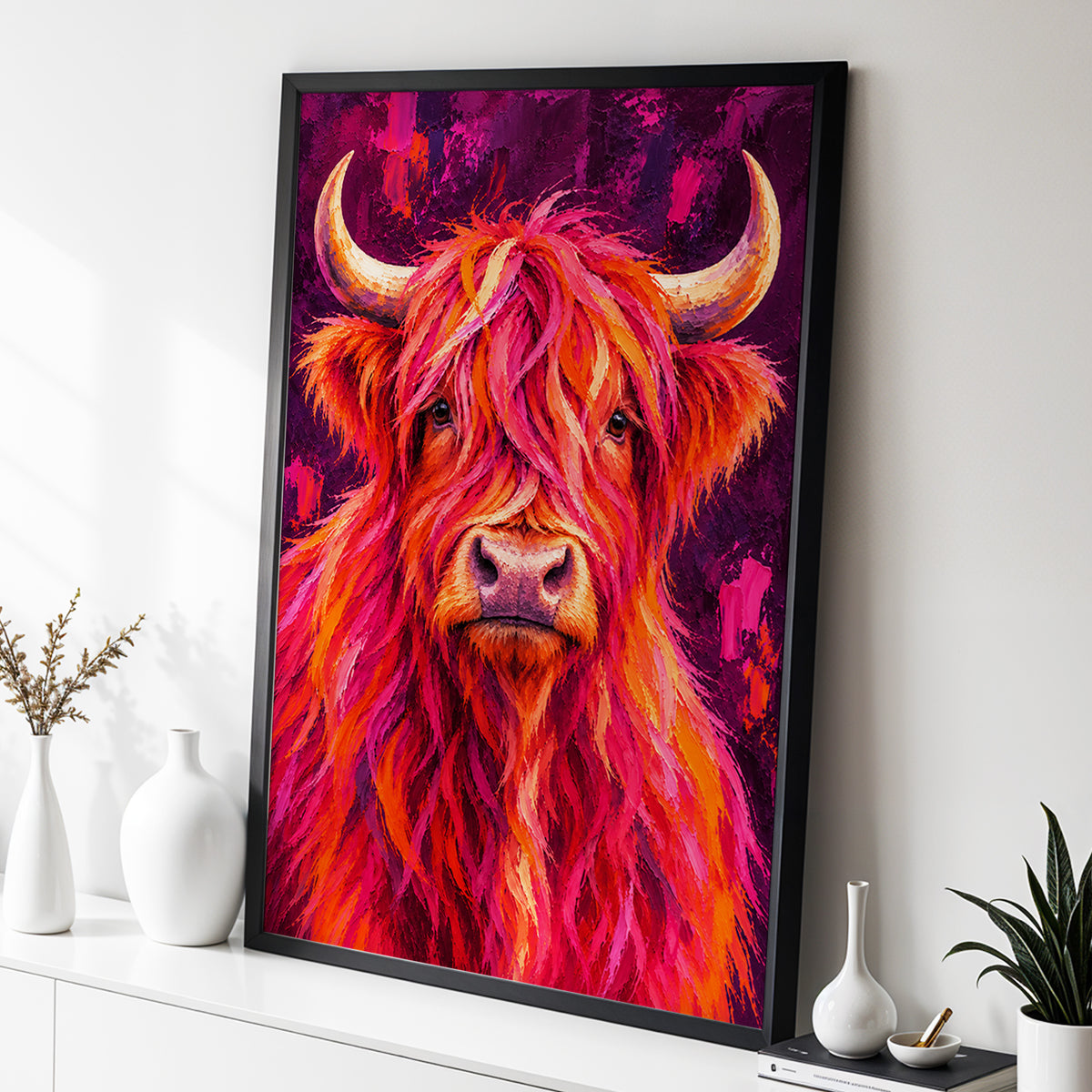 Highland Heat, pink, orange, purple nature wall art displayed in a styled interior, gallery view 4