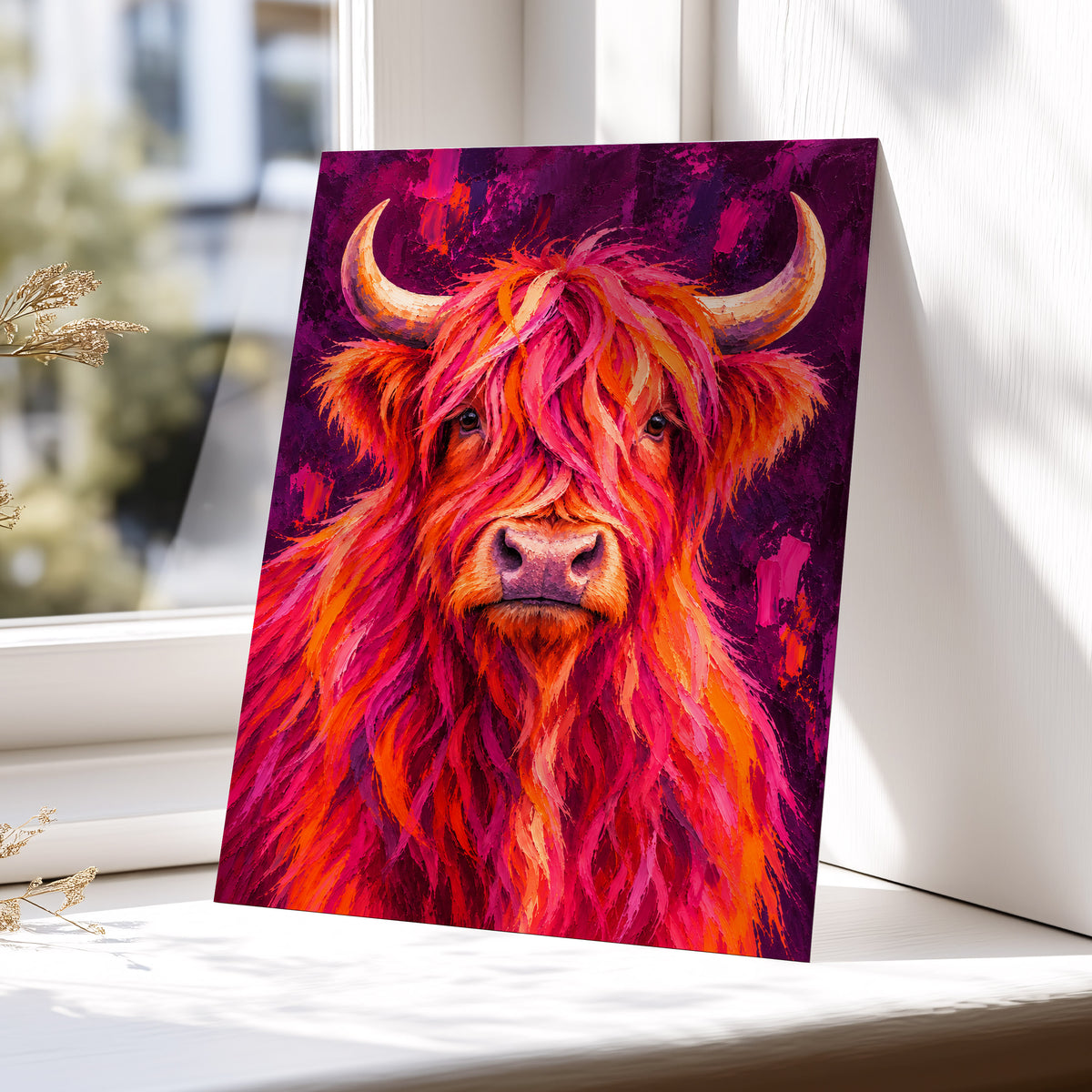 Highland Heat, pink, orange, purple nature wall art displayed in a styled interior, gallery view 5