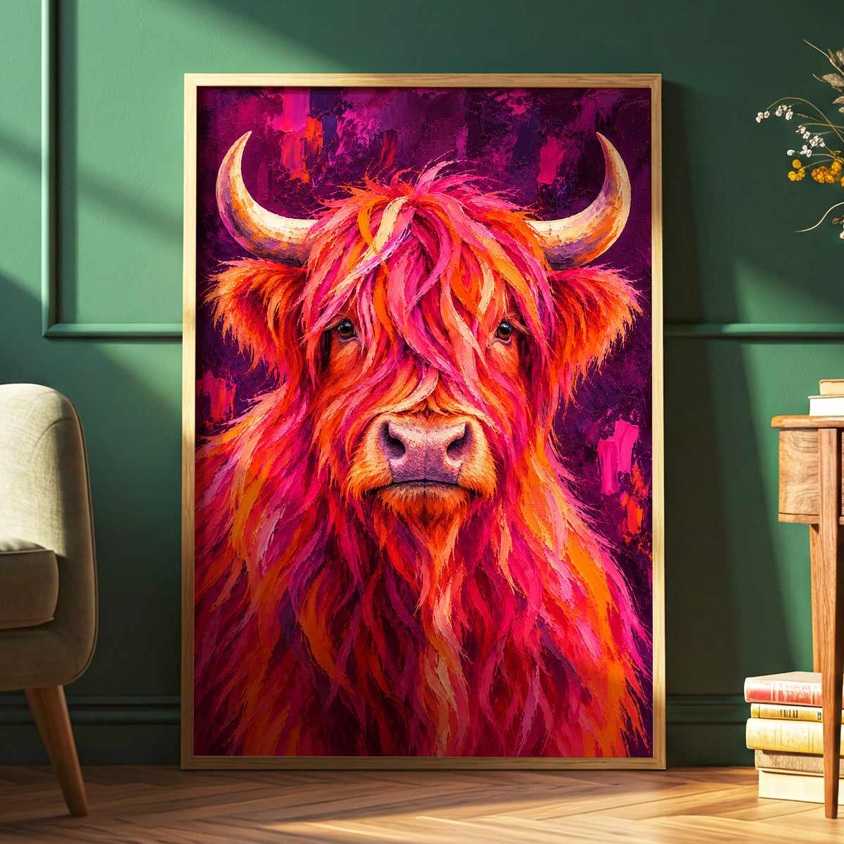 Highland Heat, pink, orange, purple nature wall art displayed in a styled interior, gallery view 6