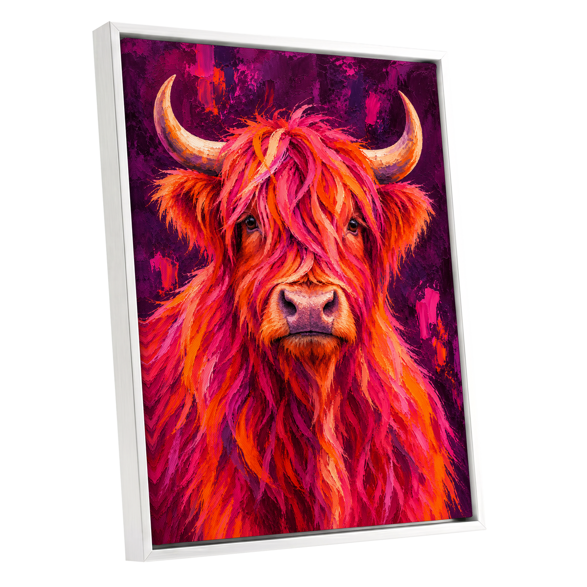 Highland Heat, pink, orange, purple nature wall art shown as a white framed canvas wall art