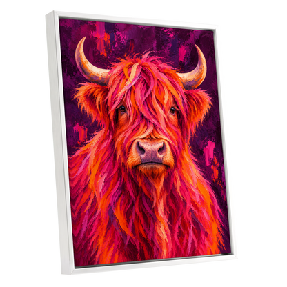 Highland Heat, pink, orange, purple nature wall art shown as a white framed canvas wall art