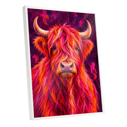 Highland Heat, pink, orange, purple nature wall art shown as a white framed poster wall art print