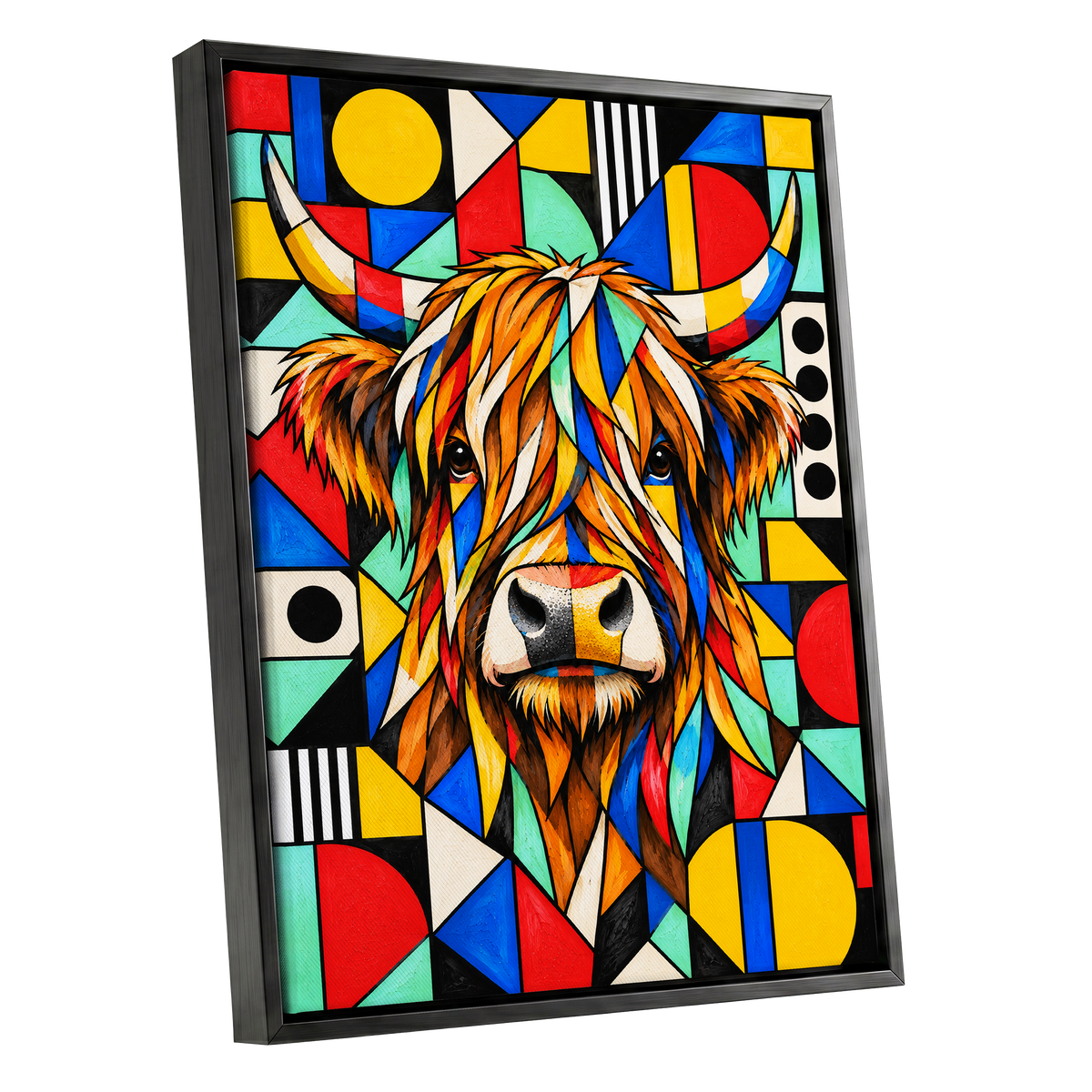 Highland Kaleidoscope, orange, black, yellow nature wall art shown as a black framed canvas wall art