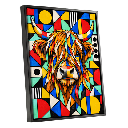 Highland Kaleidoscope, orange, black, yellow nature wall art shown as a black framed canvas wall art