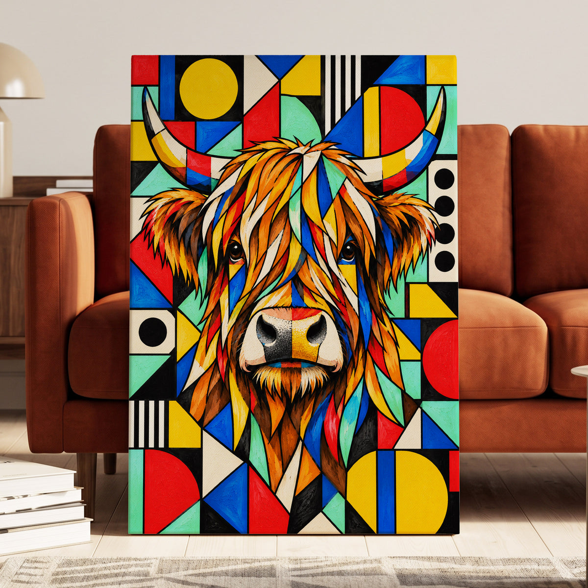 Highland Kaleidoscope, orange, black, yellow nature wall art on canvas displayed in a styled interior, gallery view 1