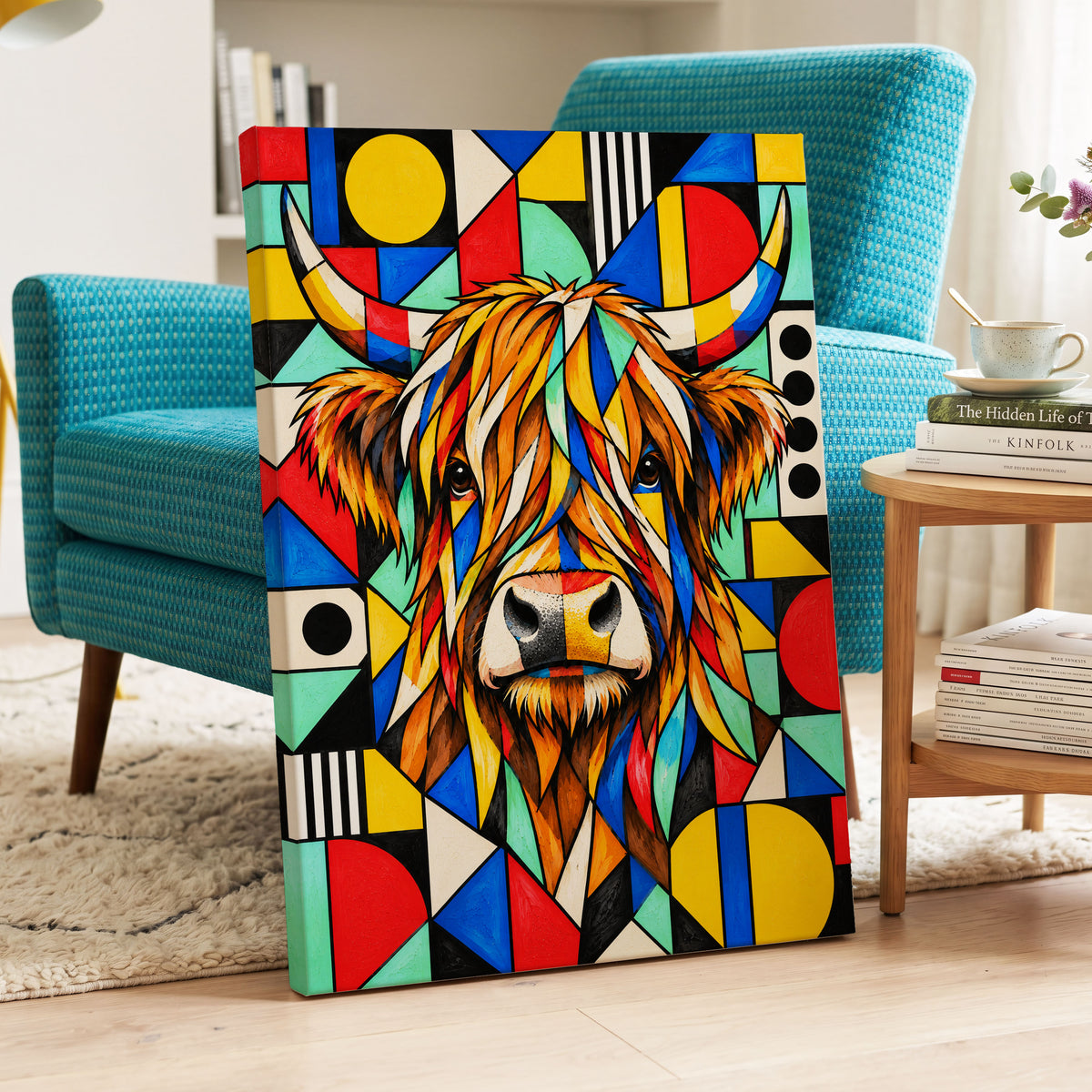 Highland Kaleidoscope, orange, black, yellow nature wall art on canvas displayed in a styled interior, gallery view 2