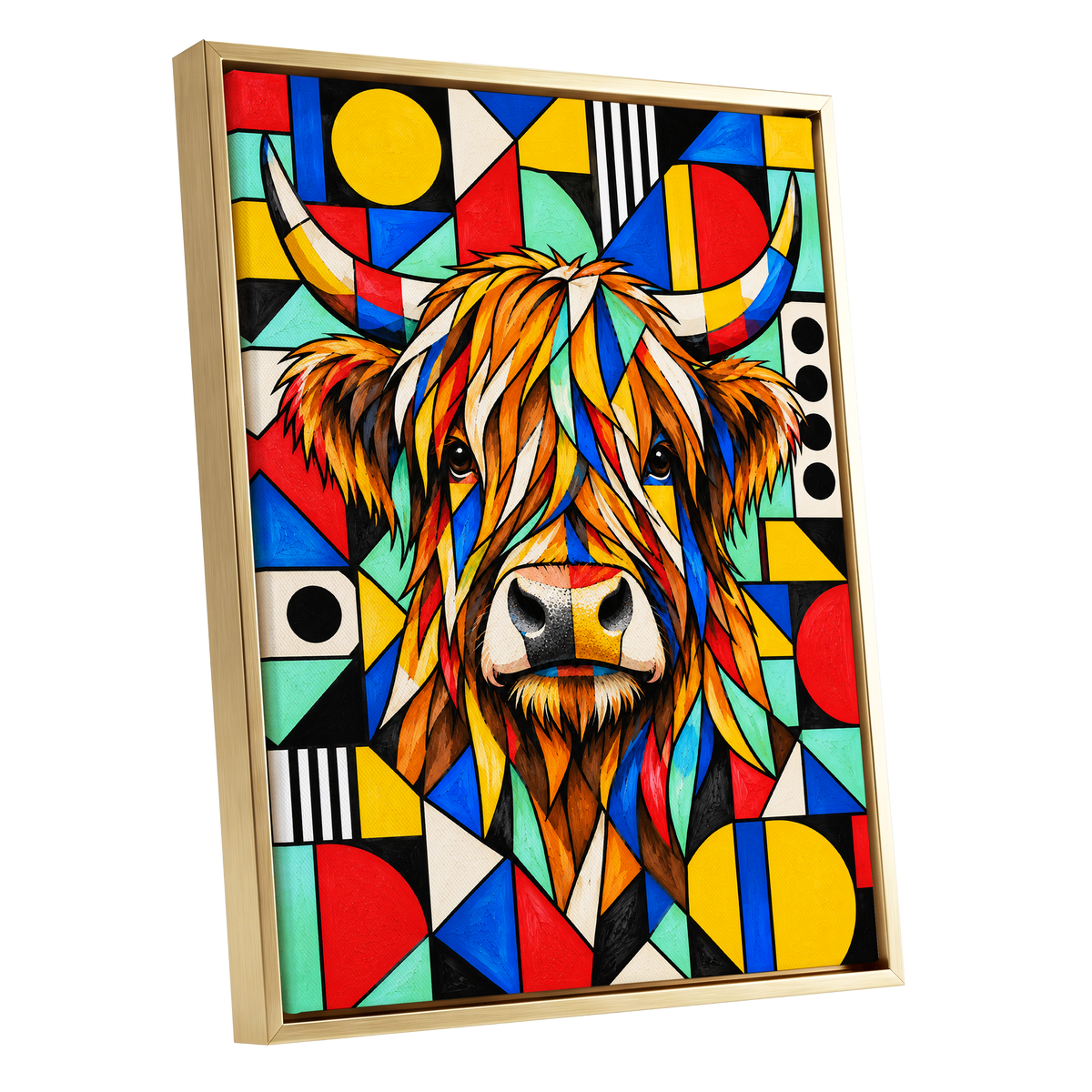 Highland Kaleidoscope, orange, black, yellow nature wall art shown as a gold framed canvas wall art