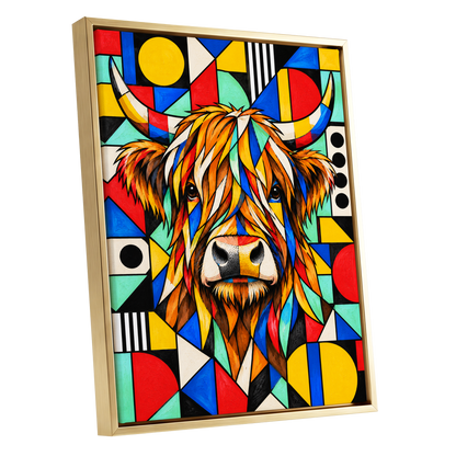 Highland Kaleidoscope, orange, black, yellow nature wall art shown as a gold framed canvas wall art