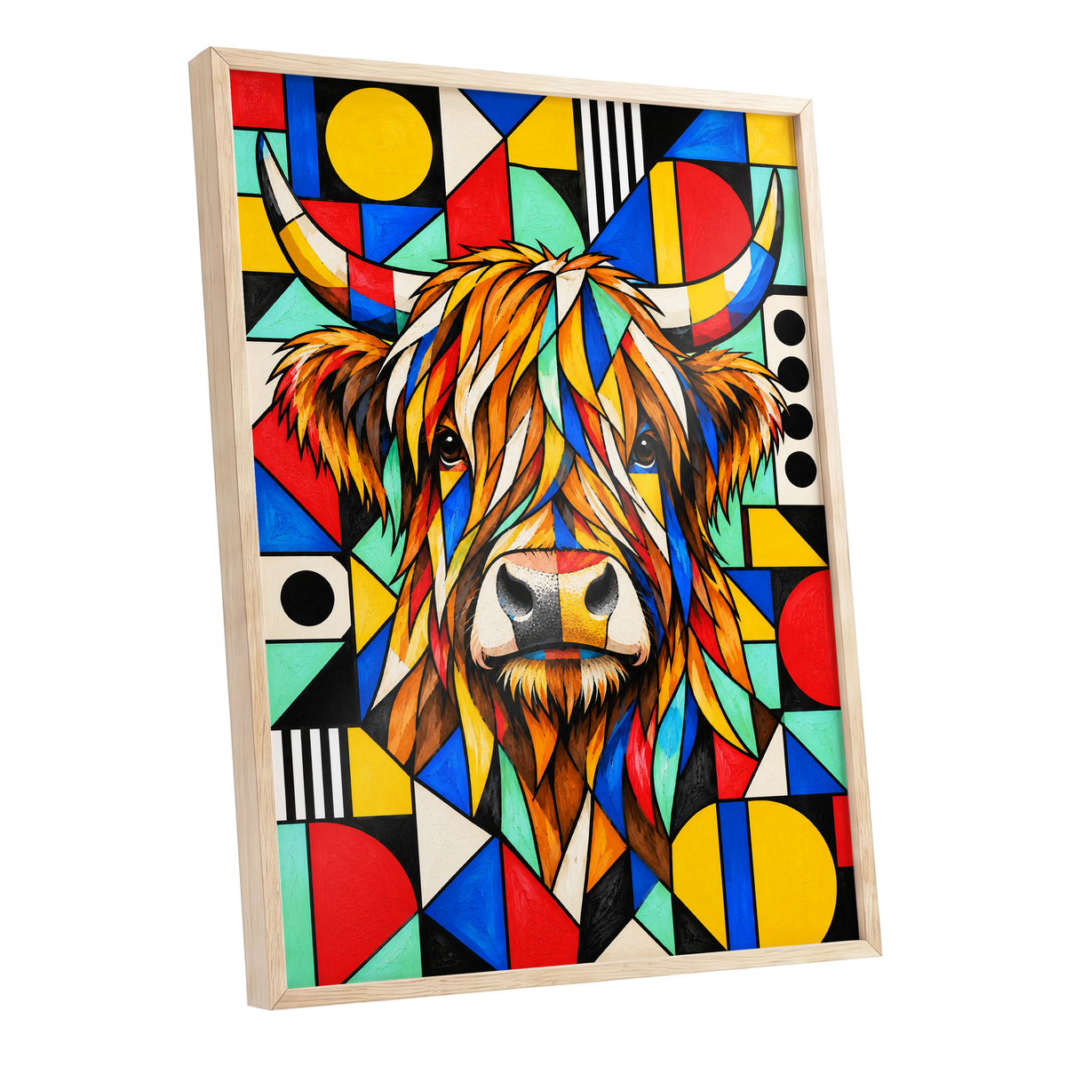 Highland Kaleidoscope, orange, black, yellow nature wall art shown as a oak framed poster wall art print