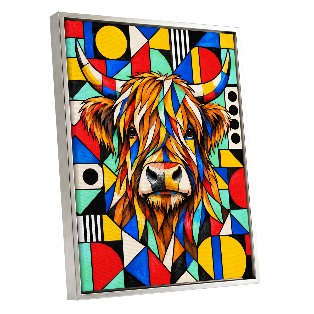 Highland Kaleidoscope, orange, black, yellow nature wall art shown as a silver framed canvas wall art