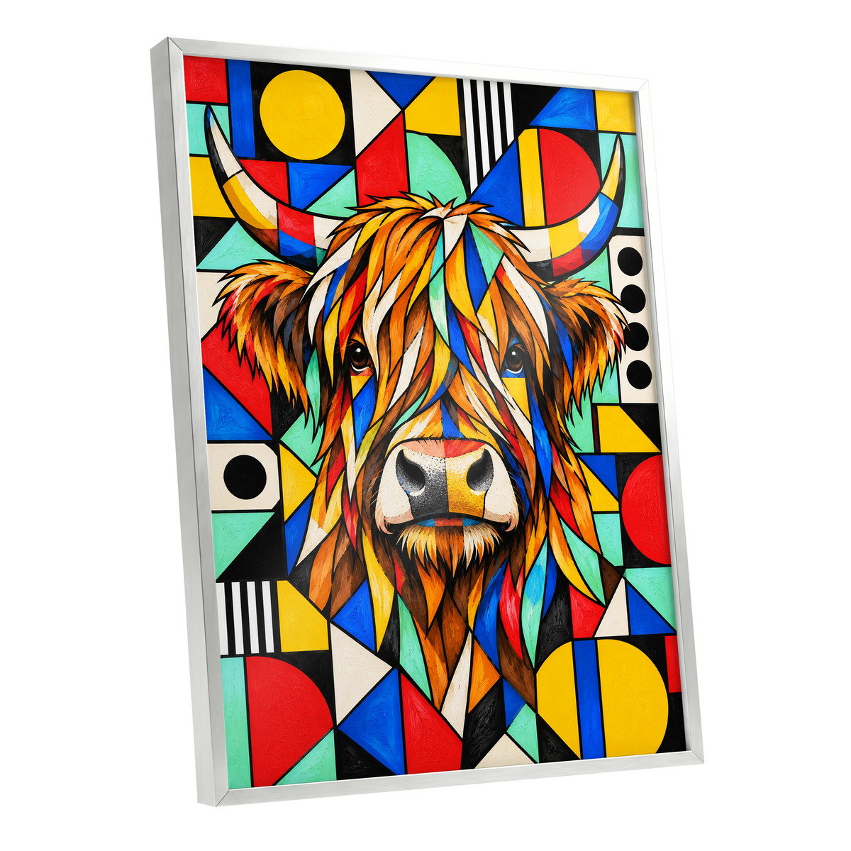 Highland Kaleidoscope, orange, black, yellow nature wall art shown as a silver framed poster wall art print