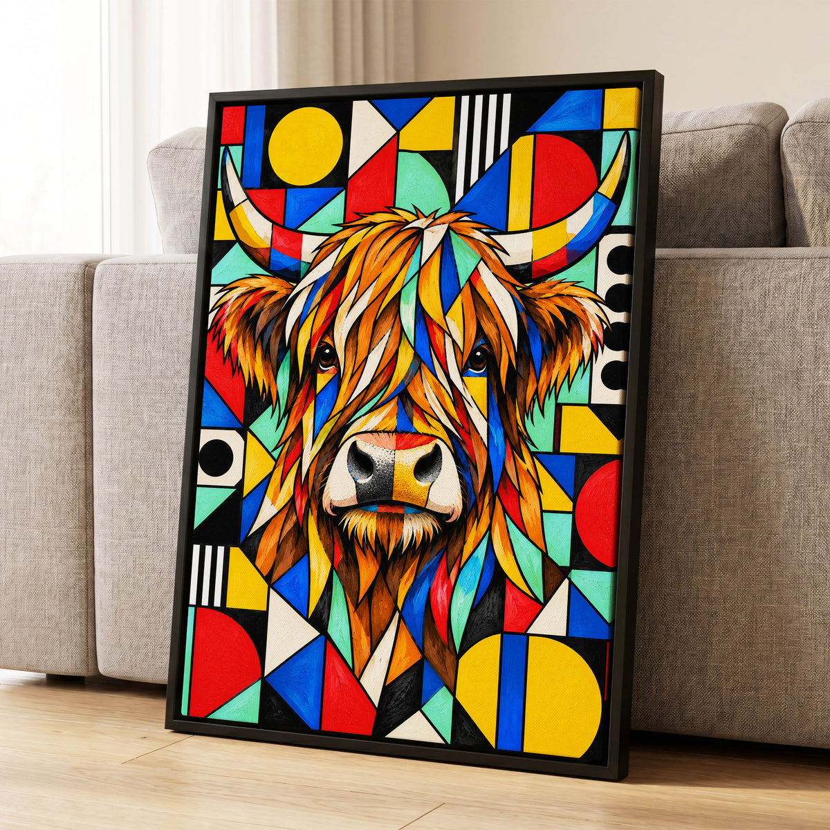 Highland Kaleidoscope, orange, black, yellow nature wall art displayed in a styled interior, gallery view 1