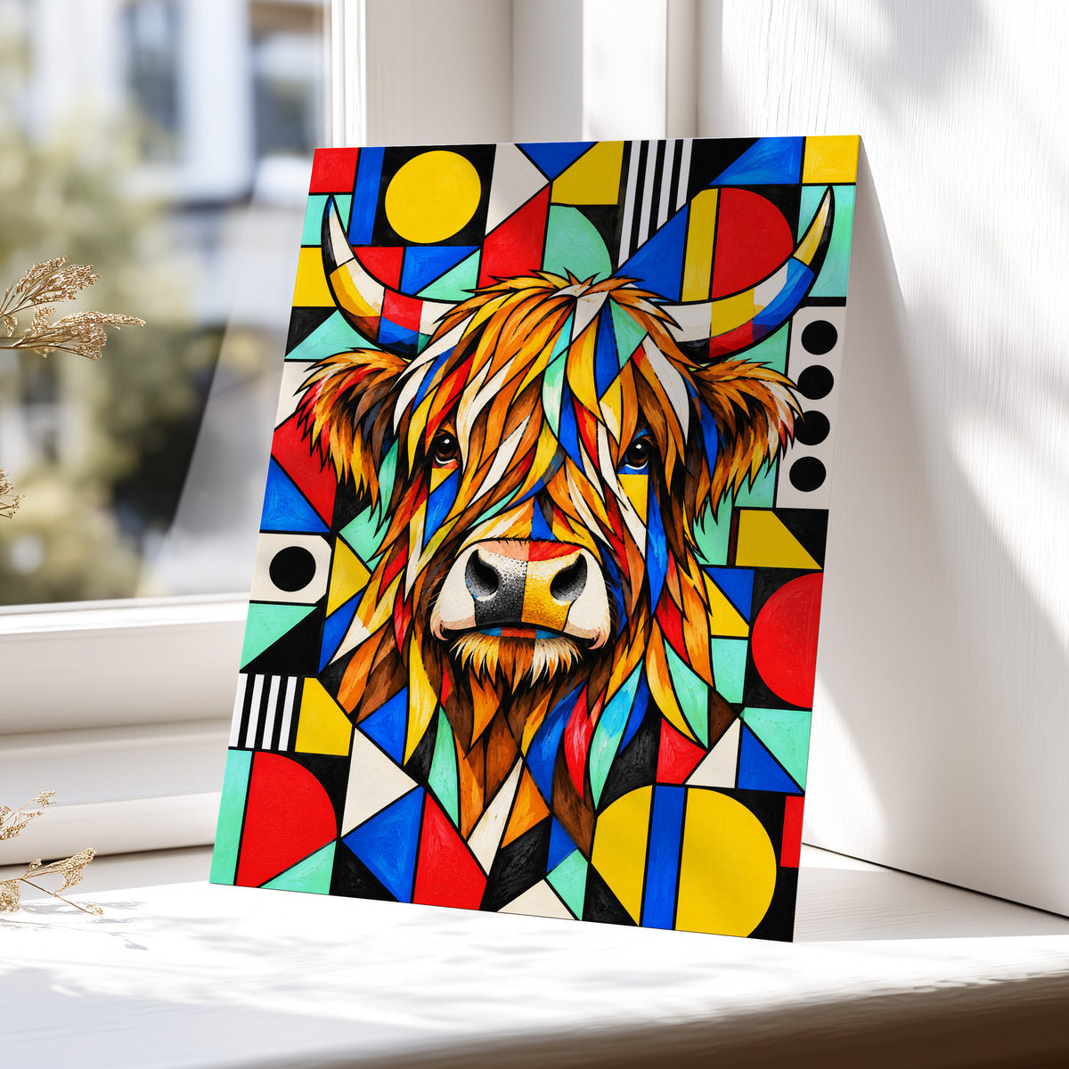 Highland Kaleidoscope, orange, black, yellow nature wall art displayed in a styled interior, gallery view 6
