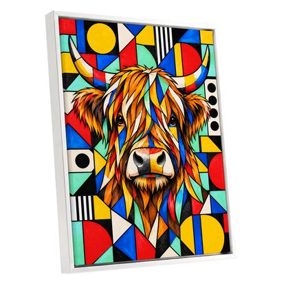 Highland Kaleidoscope, orange, black, yellow nature wall art shown as a white framed canvas wall art